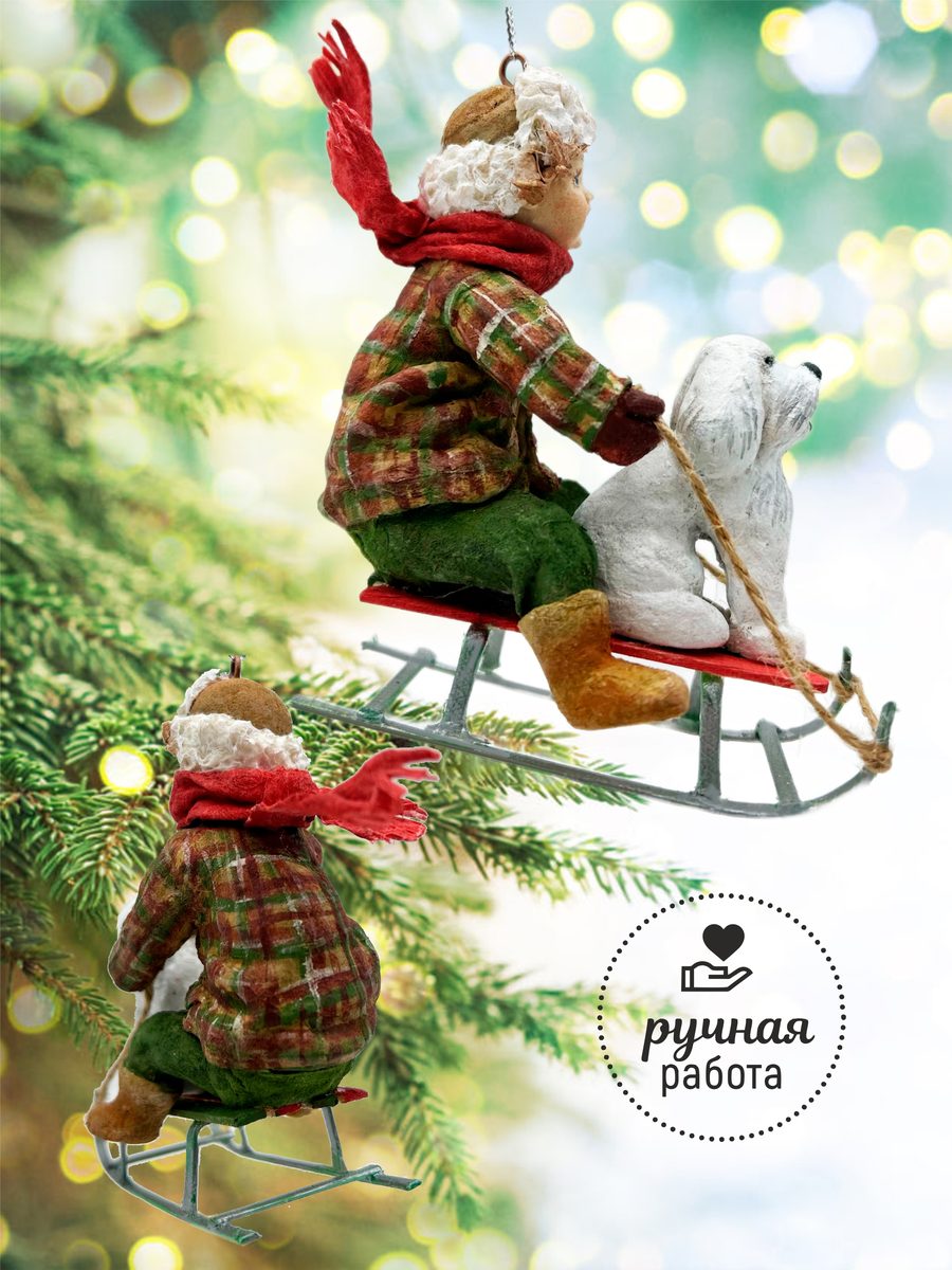 Ватная ёлочная игрушка «Друзья на санках», высота 13 см — фото 2