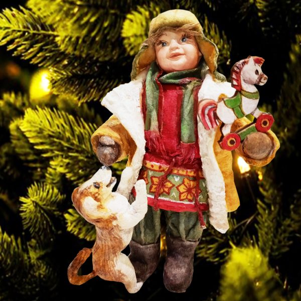 Ватная ёлочная игрушка «Мальчик с собакой», высота 13 см